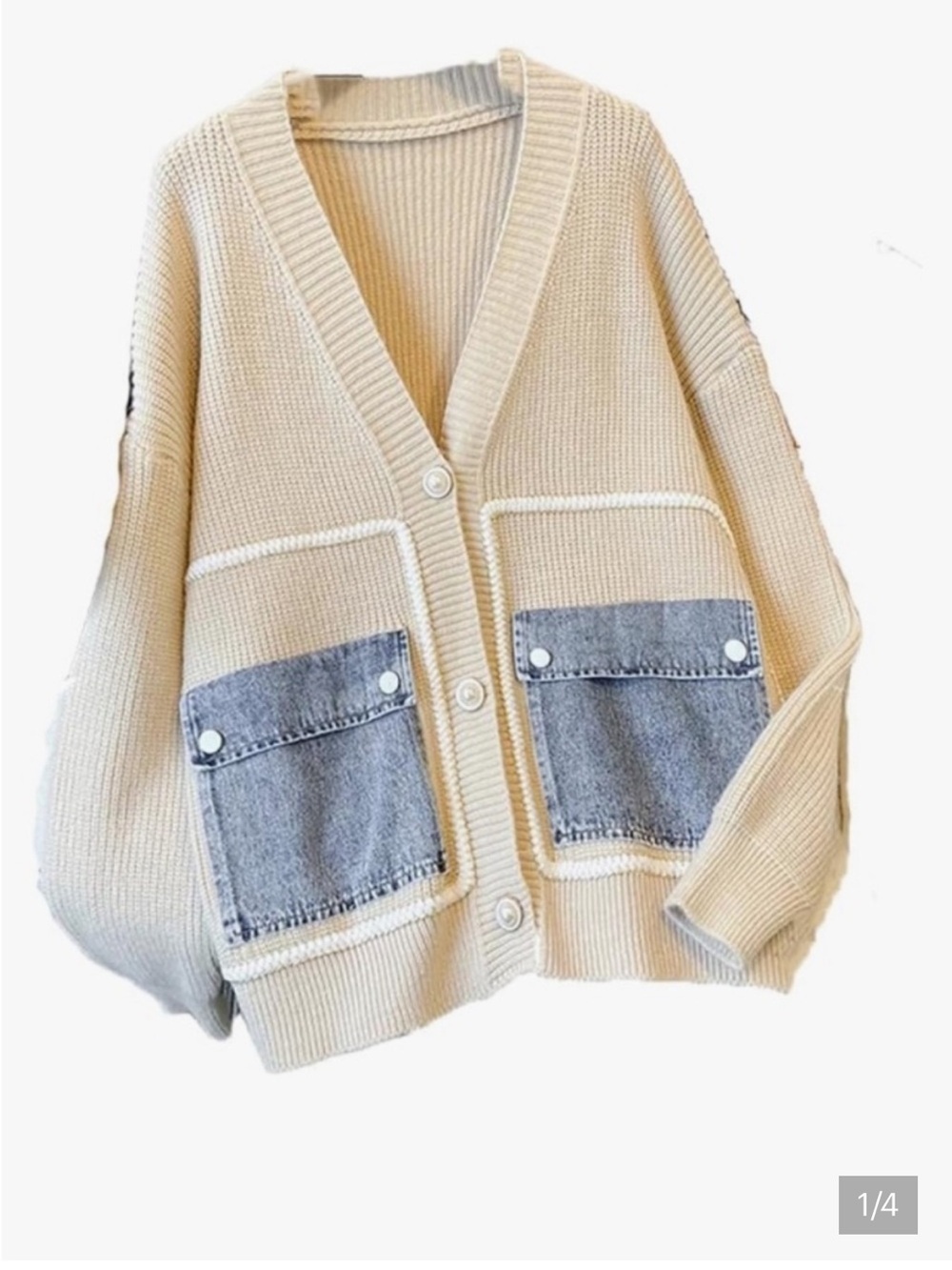 Cream Button-Front Cardigan withblue Denim Patch Pockets size xl NWT